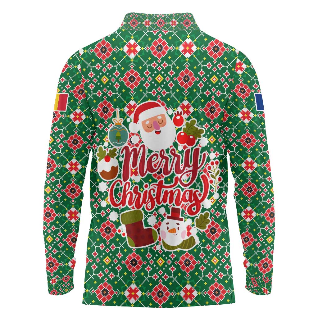 Romania Christmas Long Sleeve Polo Shirt with Green and Red Pattern Golden Eagle and Santa Motif - Wonder Print Shop