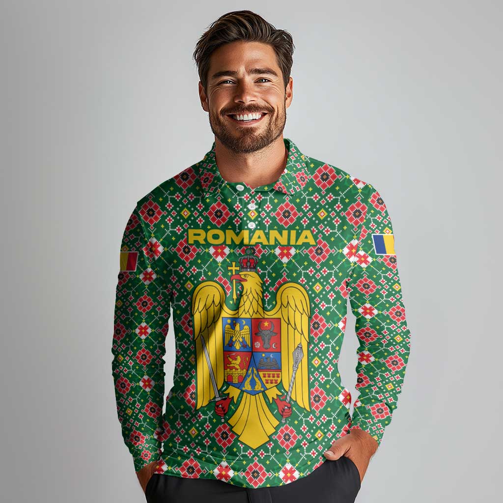 Romania Christmas Long Sleeve Polo Shirt with Green and Red Pattern Golden Eagle and Santa Motif - Wonder Print Shop