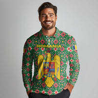 Romania Christmas Long Sleeve Polo Shirt with Green and Red Pattern Golden Eagle and Santa Motif - Wonder Print Shop