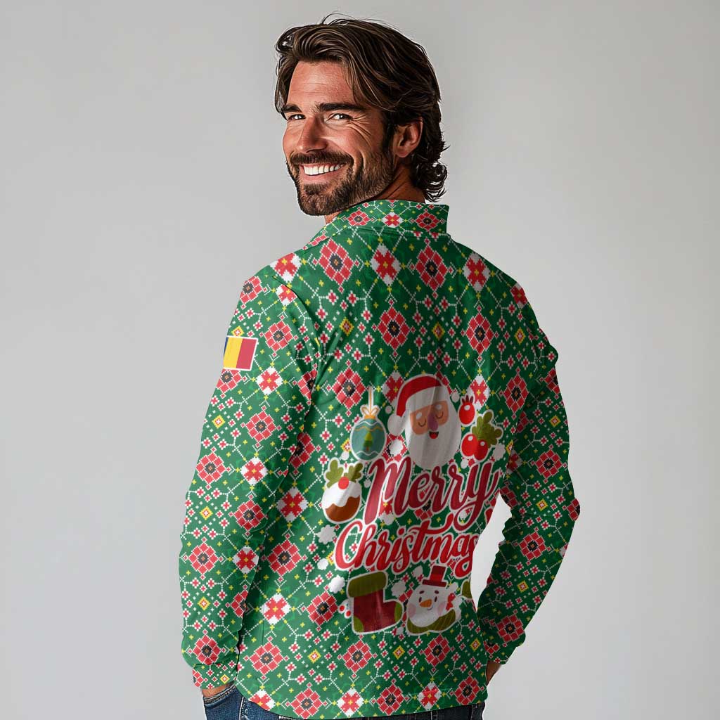 Romania Christmas Long Sleeve Polo Shirt with Green and Red Pattern Golden Eagle and Santa Motif - Wonder Print Shop