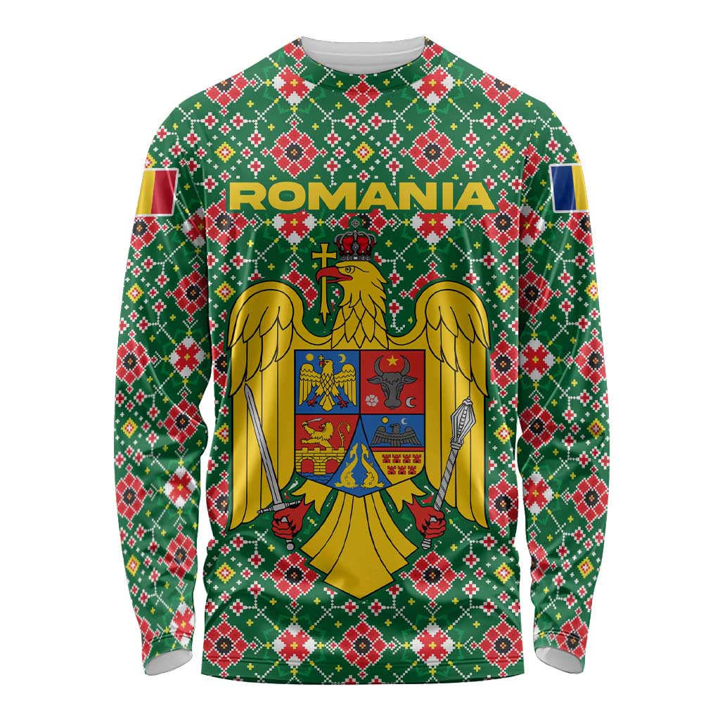Romania Christmas Long Sleeve Shirt with Green and Red Pattern Golden Eagle and Santa Motif - Wonder Print Shop