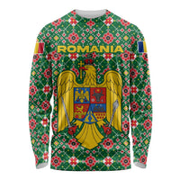 Romania Christmas Long Sleeve Shirt with Green and Red Pattern Golden Eagle and Santa Motif - Wonder Print Shop