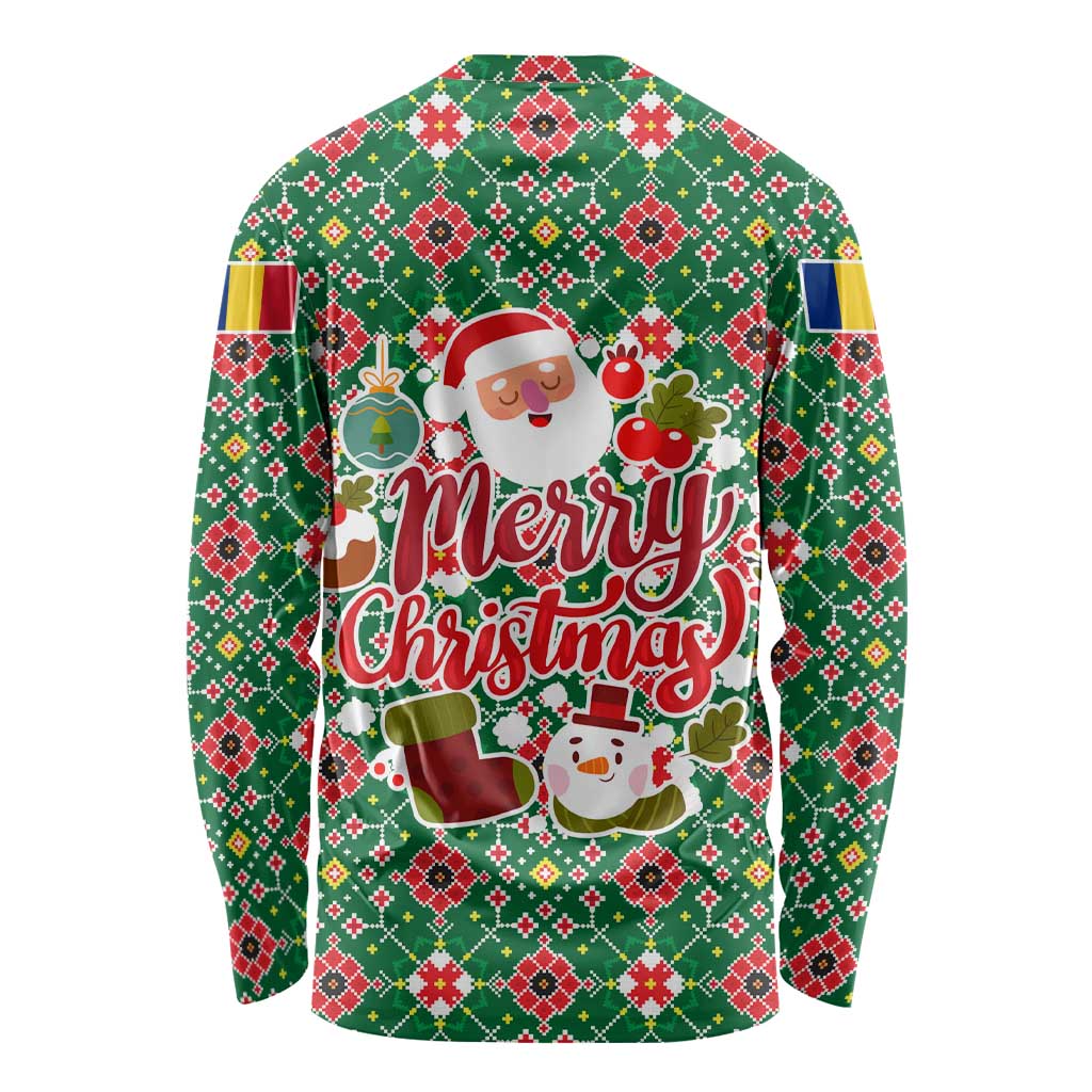 Romania Christmas Long Sleeve Shirt with Green and Red Pattern Golden Eagle and Santa Motif - Wonder Print Shop