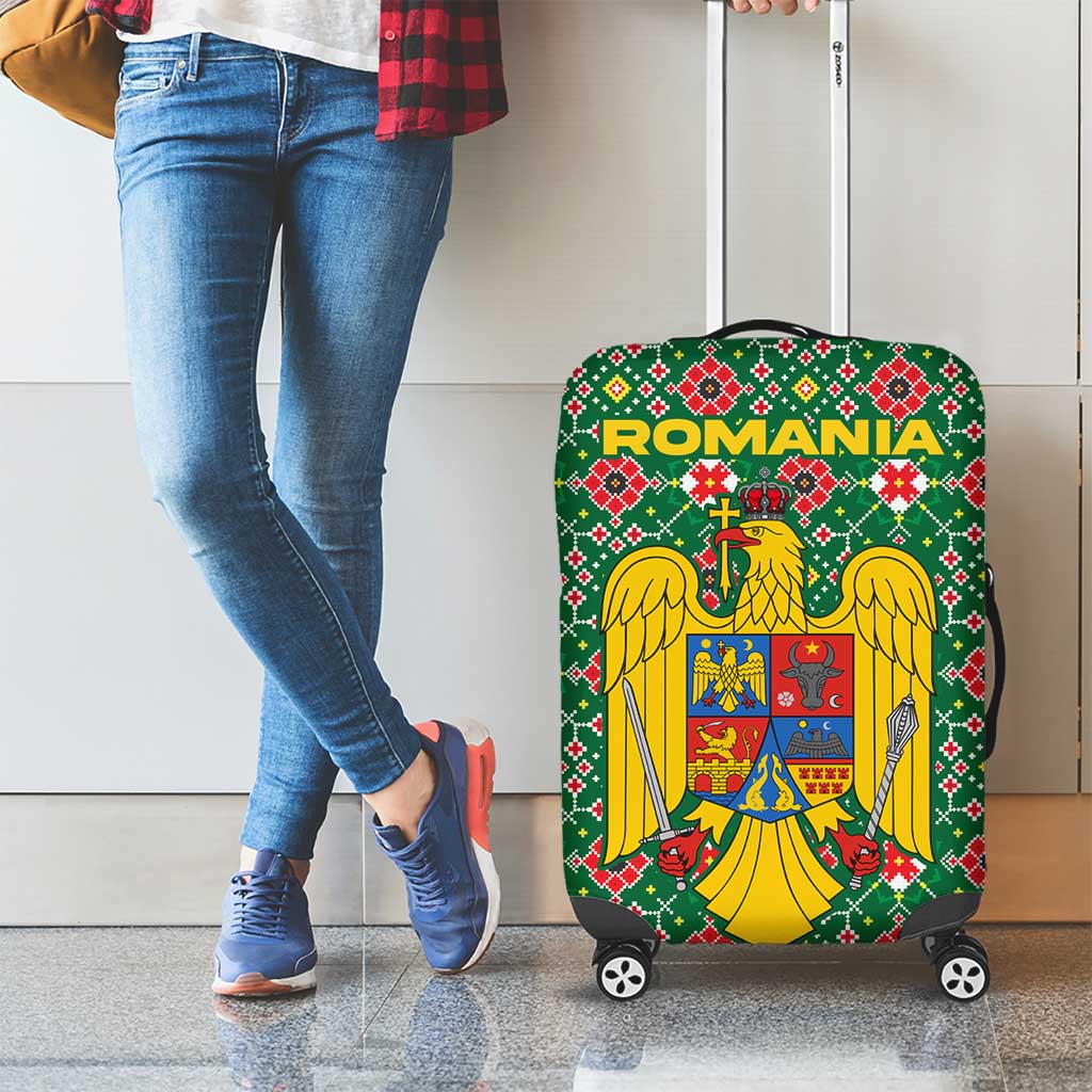Romania Christmas Luggage Cover with Green and Red Pattern Golden Eagle and Santa Motif - Wonder Print Shop