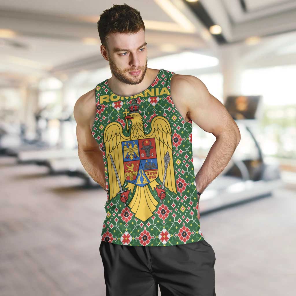 Romania Christmas Men Tank Top with Green and Red Pattern Golden Eagle and Santa Motif - Wonder Print Shop