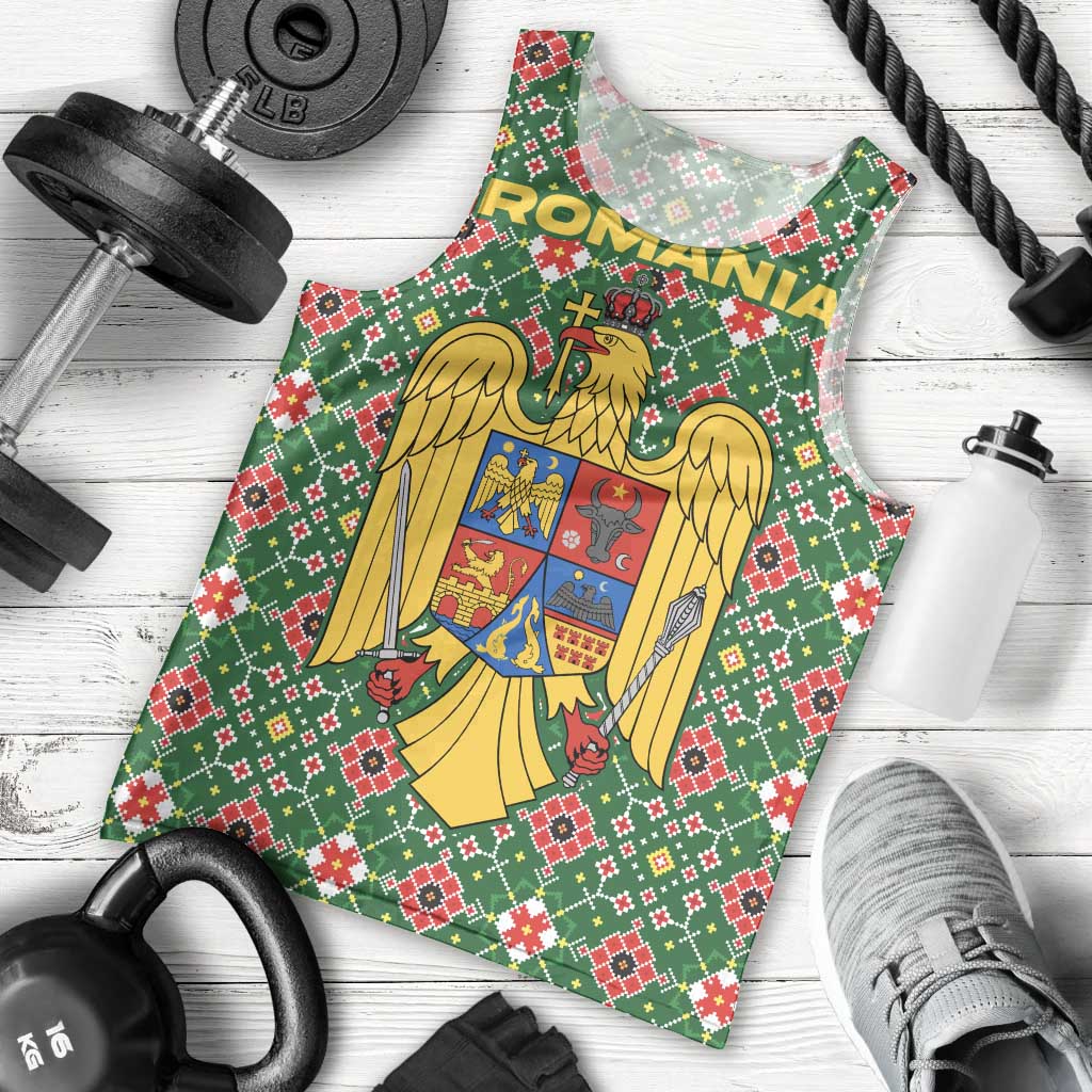 Romania Christmas Men Tank Top with Green and Red Pattern Golden Eagle and Santa Motif - Wonder Print Shop