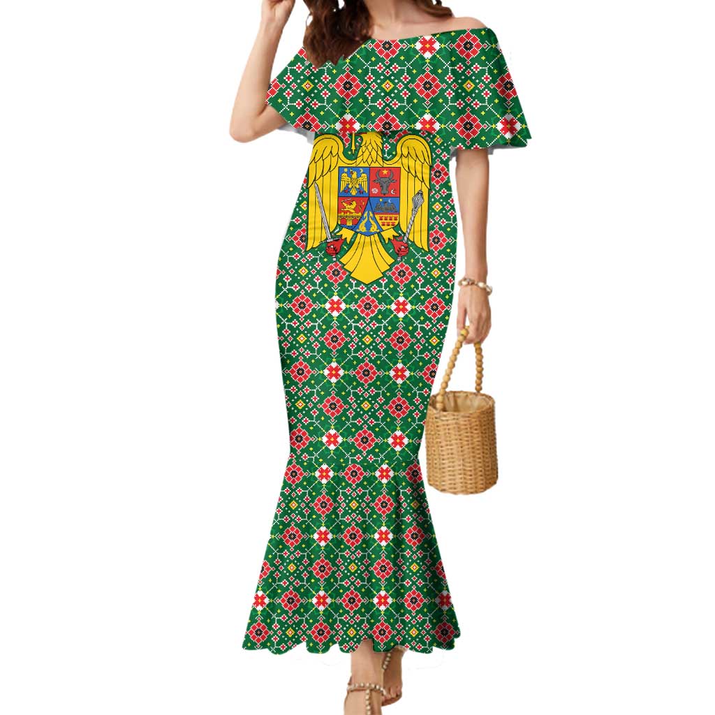 Romania Christmas Mermaid Dress with Green and Red Pattern Golden Eagle and Santa Motif - Wonder Print Shop