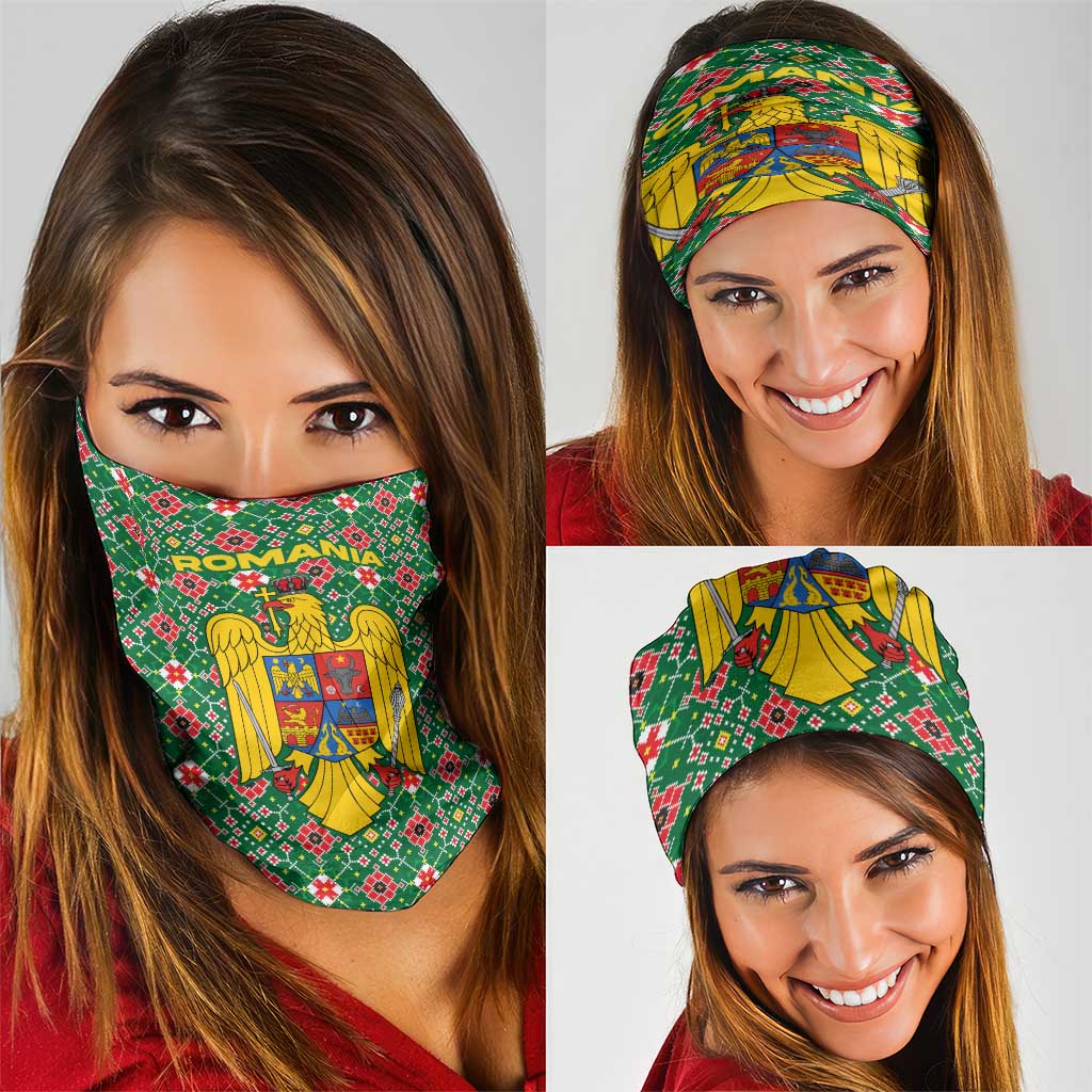 Romania Christmas Neck Gaiter with Green and Red Pattern Golden Eagle and Santa Motif - Wonder Print Shop