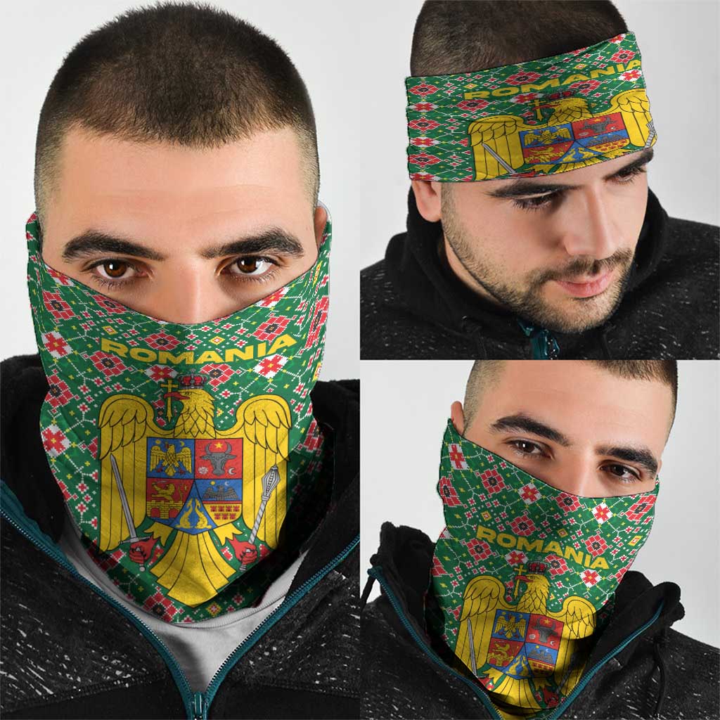 Romania Christmas Neck Gaiter with Green and Red Pattern Golden Eagle and Santa Motif - Wonder Print Shop