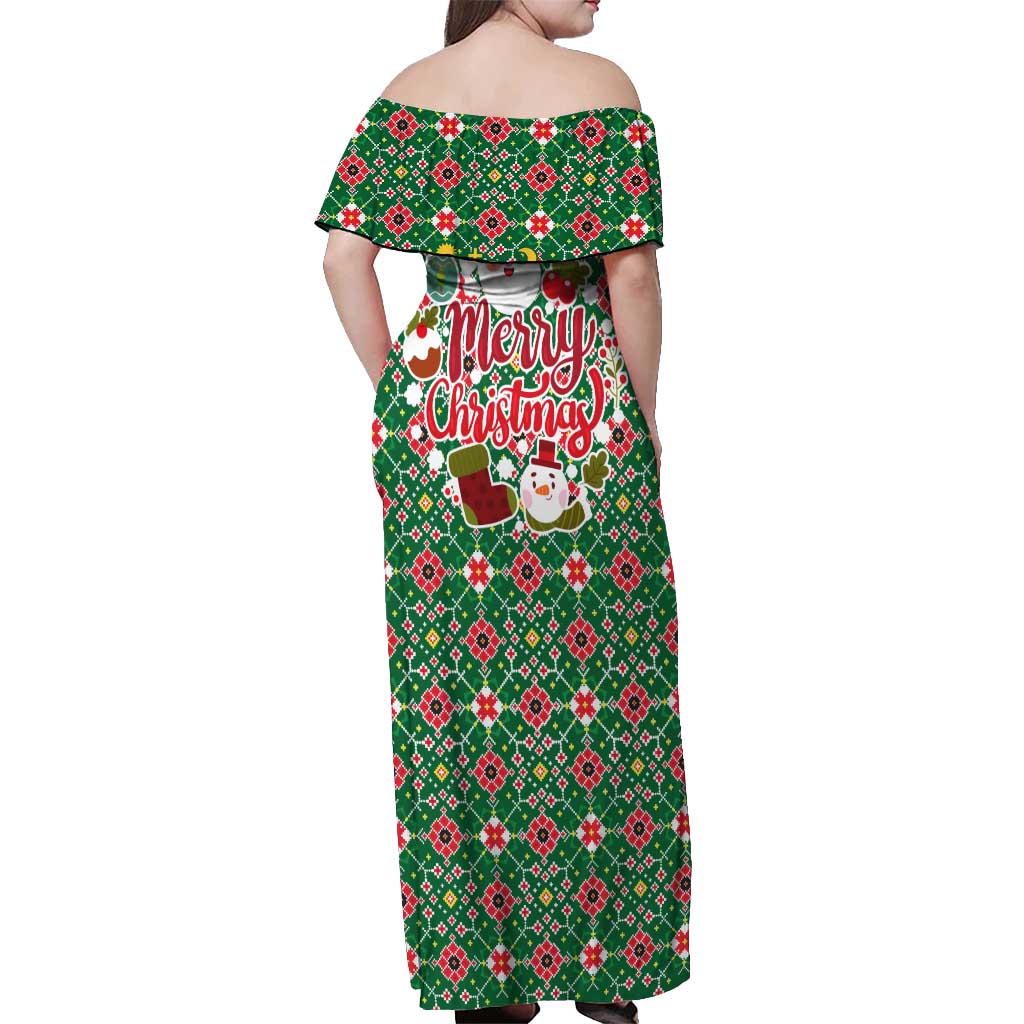 Romania Christmas Off Shoulder Maxi Dress with Green and Red Pattern Golden Eagle and Santa Motif - Wonder Print Shop