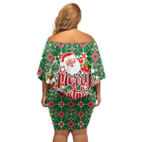 Romania Christmas Off Shoulder Short Dress with Green and Red Pattern Golden Eagle and Santa Motif - Wonder Print Shop
