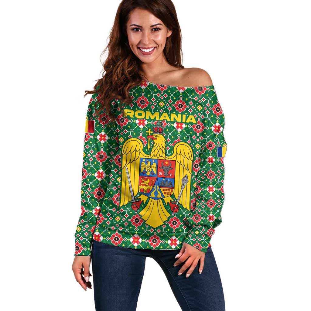 Romania Christmas Off Shoulder Sweater with Green and Red Pattern Golden Eagle and Santa Motif - Wonder Print Shop