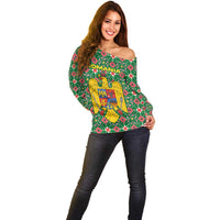Romania Christmas Off Shoulder Sweater with Green and Red Pattern Golden Eagle and Santa Motif - Wonder Print Shop