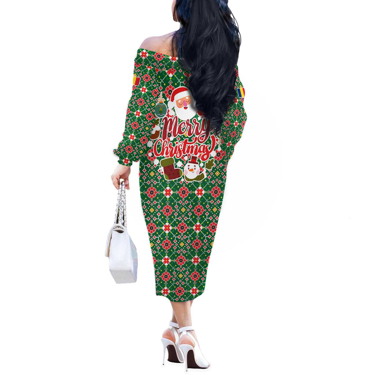 Romania Christmas Off The Shoulder Long Sleeve Dress with Green and Red Pattern Golden Eagle and Santa Motif - Wonder Print Shop