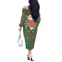 Romania Christmas Off The Shoulder Long Sleeve Dress with Green and Red Pattern Golden Eagle and Santa Motif - Wonder Print Shop