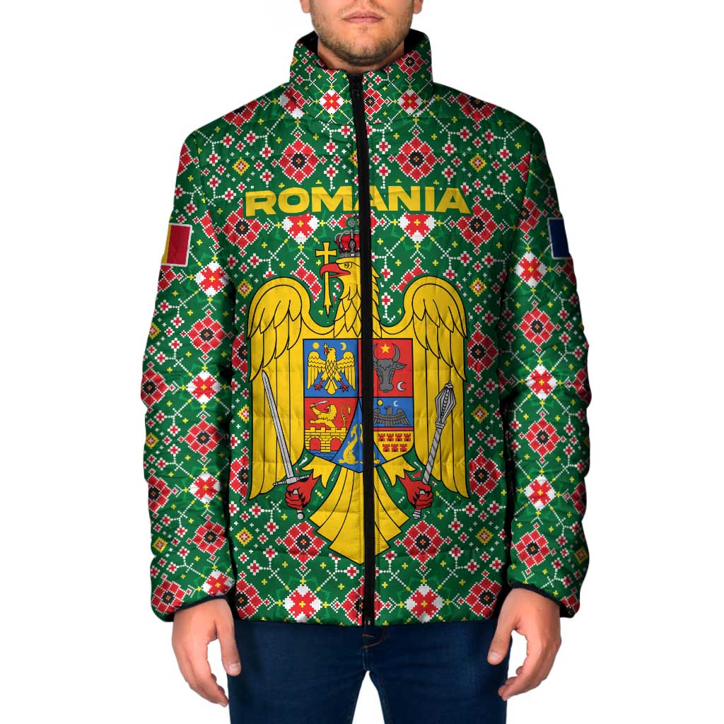 Romania Christmas Padded Jacket with Green and Red Pattern Golden Eagle and Santa Motif - Wonder Print Shop