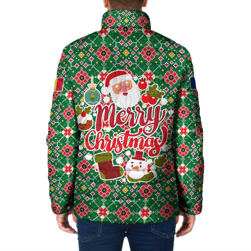 Romania Christmas Padded Jacket with Green and Red Pattern Golden Eagle and Santa Motif - Wonder Print Shop