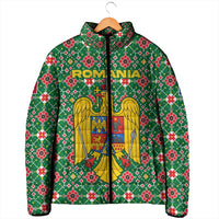 Romania Christmas Padded Jacket with Green and Red Pattern Golden Eagle and Santa Motif - Wonder Print Shop