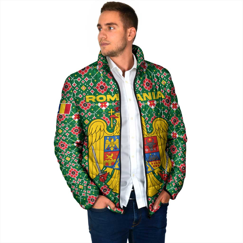 Romania Christmas Padded Jacket with Green and Red Pattern Golden Eagle and Santa Motif - Wonder Print Shop