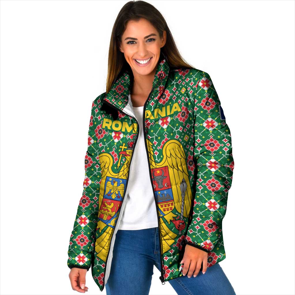 Romania Christmas Padded Jacket with Green and Red Pattern Golden Eagle and Santa Motif - Wonder Print Shop