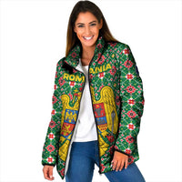 Romania Christmas Padded Jacket with Green and Red Pattern Golden Eagle and Santa Motif - Wonder Print Shop
