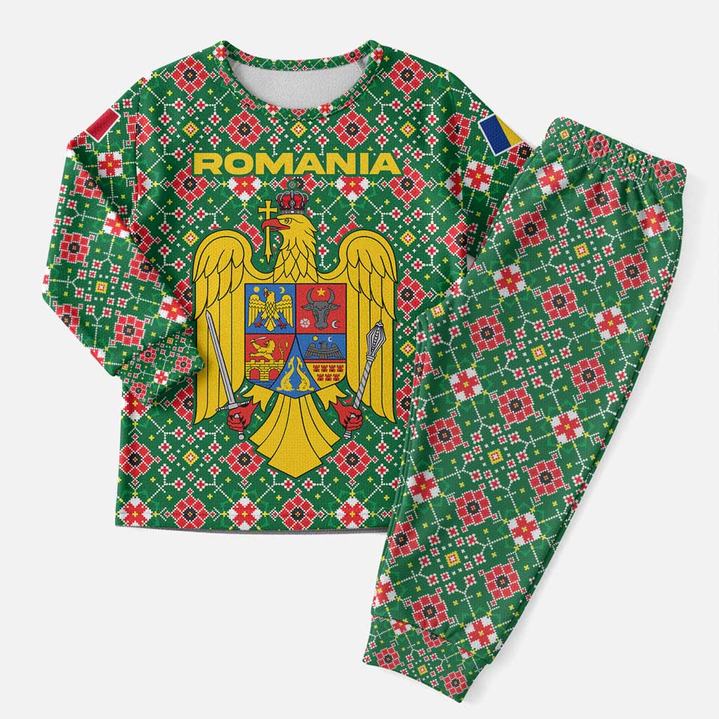 Romania Christmas Pajama Set with Green and Red Pattern Golden Eagle and Santa Motif - Wonder Print Shop
