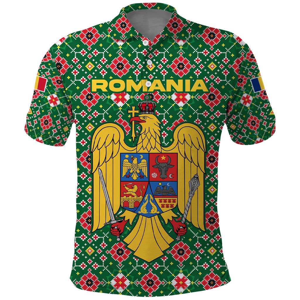 Romania Christmas Polo Shirt with Green and Red Pattern Golden Eagle and Santa Motif - Wonder Print Shop