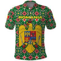 Romania Christmas Polo Shirt with Green and Red Pattern Golden Eagle and Santa Motif - Wonder Print Shop