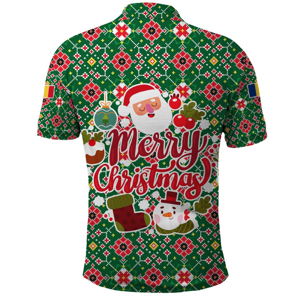 Romania Christmas Polo Shirt with Green and Red Pattern Golden Eagle and Santa Motif - Wonder Print Shop