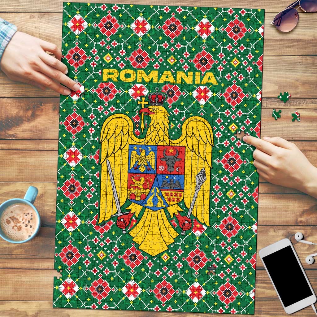 Romania Christmas Puzzle with Green and Red Pattern Golden Eagle and Santa Motif - Wonder Print Shop