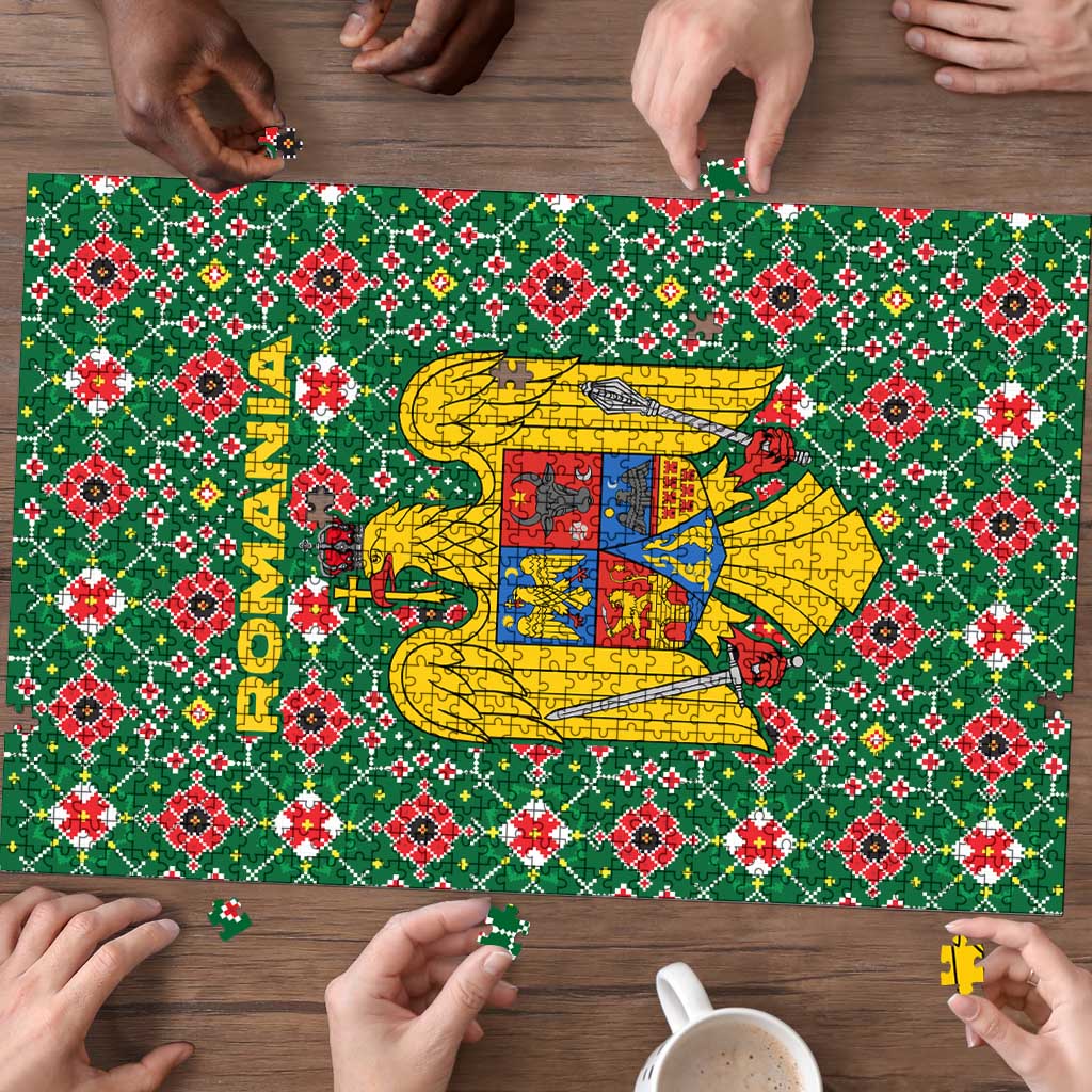 Romania Christmas Puzzle with Green and Red Pattern Golden Eagle and Santa Motif - Wonder Print Shop