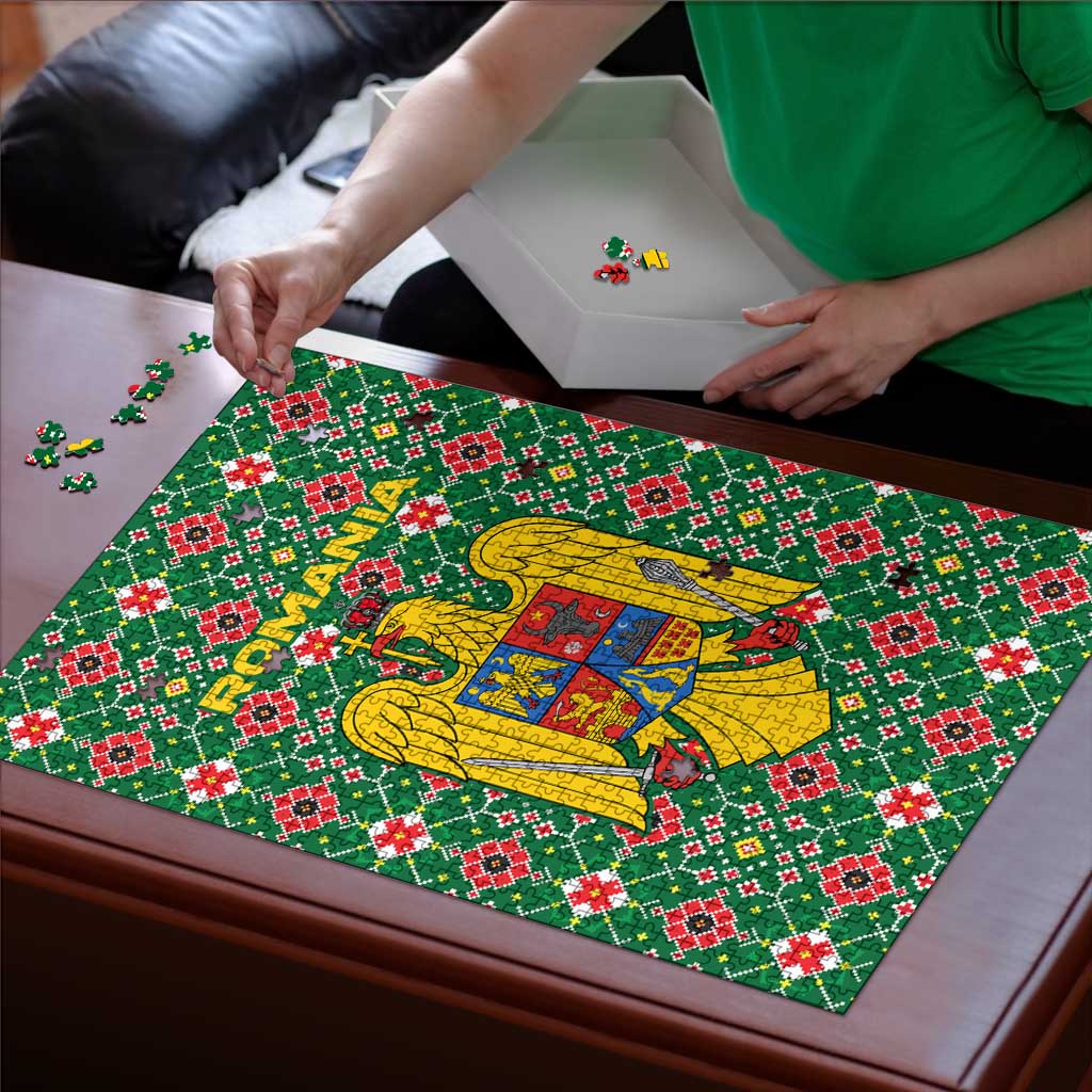 Romania Christmas Puzzle with Green and Red Pattern Golden Eagle and Santa Motif - Wonder Print Shop