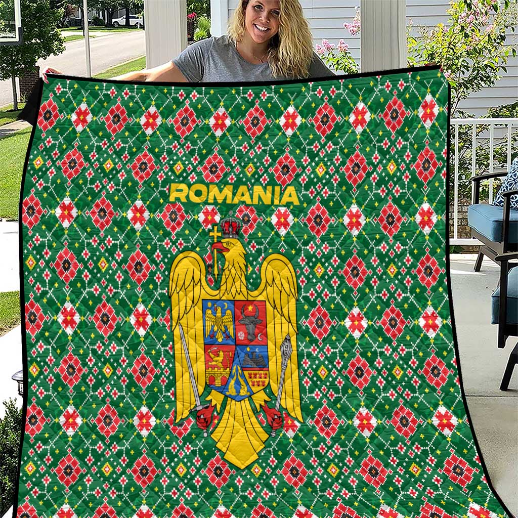 Romania Christmas Quilt with Green and Red Pattern Golden Eagle and Santa Motif - Wonder Print Shop