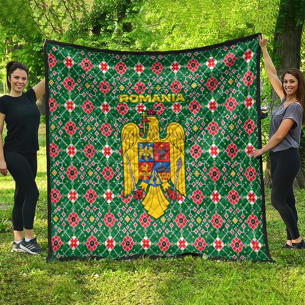 Romania Christmas Quilt with Green and Red Pattern Golden Eagle and Santa Motif - Wonder Print Shop