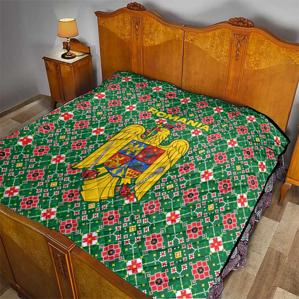 Romania Christmas Quilt with Green and Red Pattern Golden Eagle and Santa Motif - Wonder Print Shop