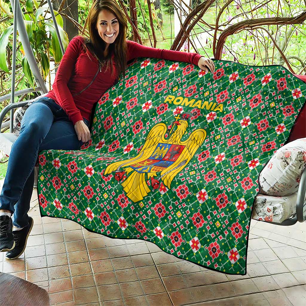 Romania Christmas Quilt with Green and Red Pattern Golden Eagle and Santa Motif - Wonder Print Shop