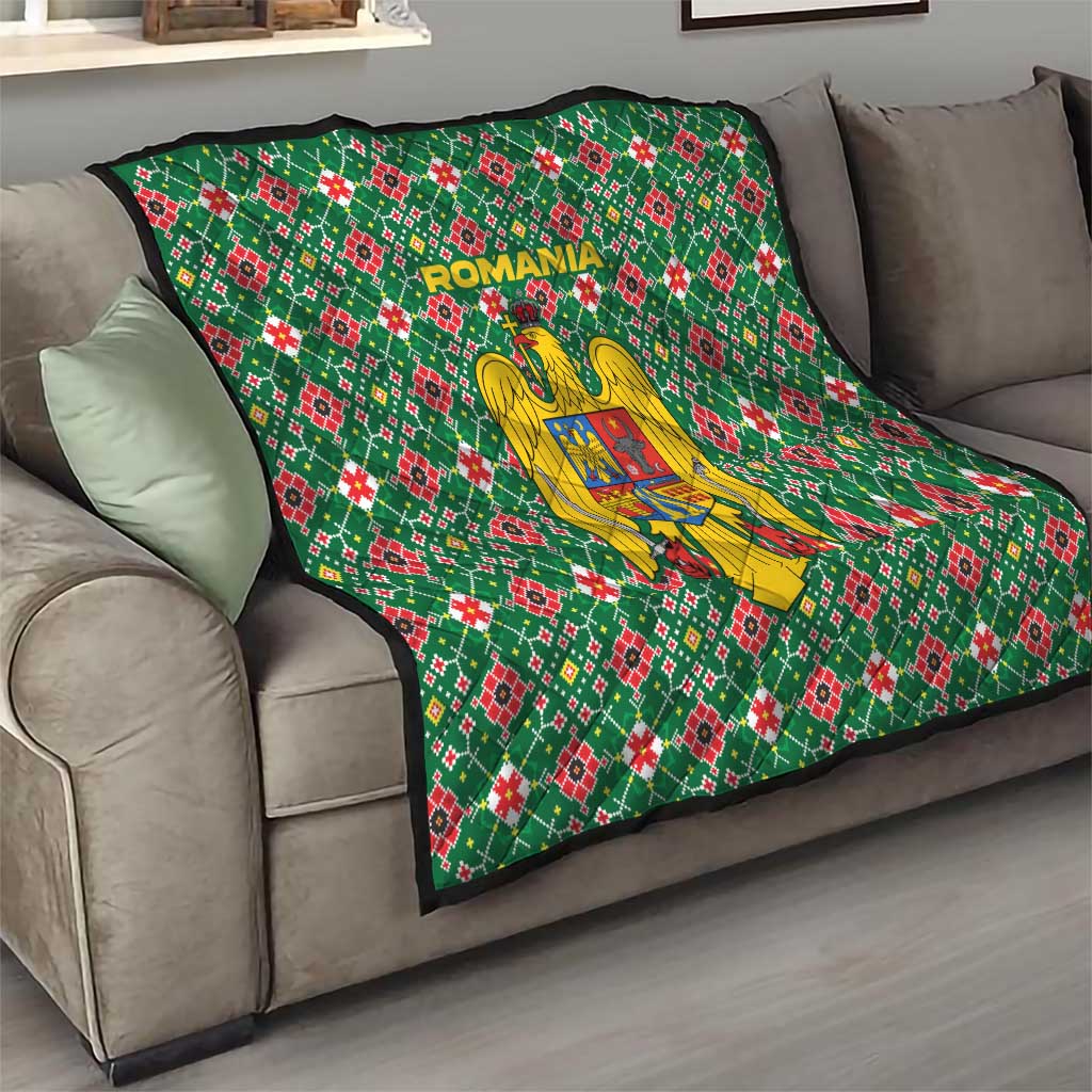 Romania Christmas Quilt with Green and Red Pattern Golden Eagle and Santa Motif - Wonder Print Shop