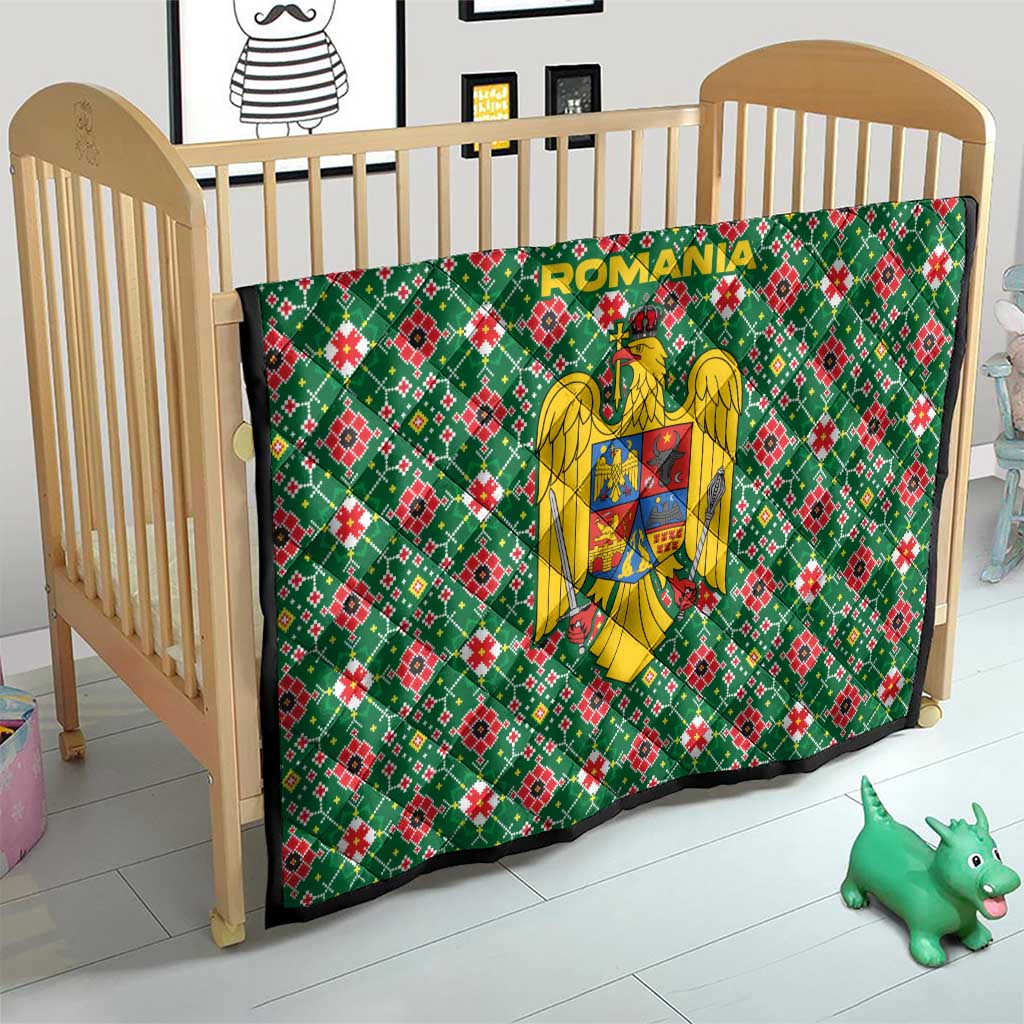 Romania Christmas Quilt with Green and Red Pattern Golden Eagle and Santa Motif - Wonder Print Shop