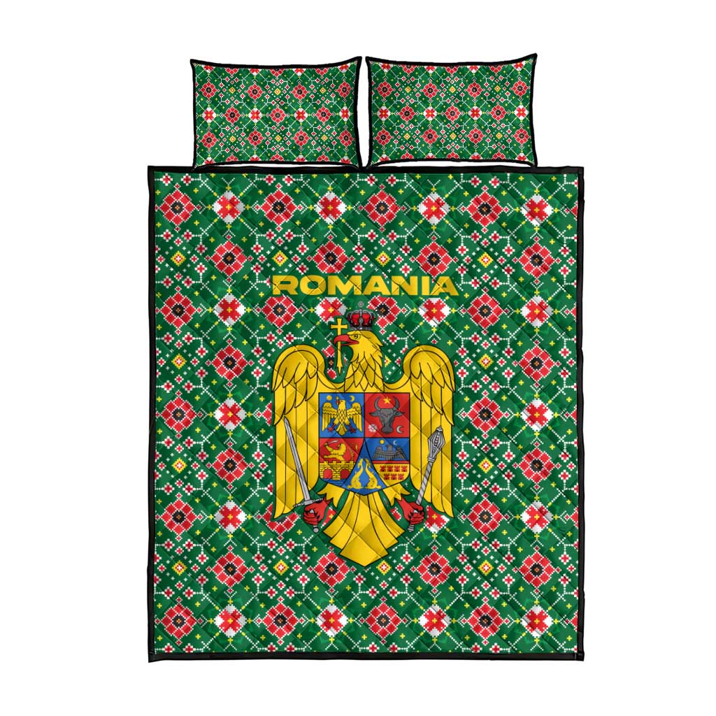 Romania Christmas Quilt Bed Set with Green and Red Pattern Golden Eagle and Santa Motif - Wonder Print Shop