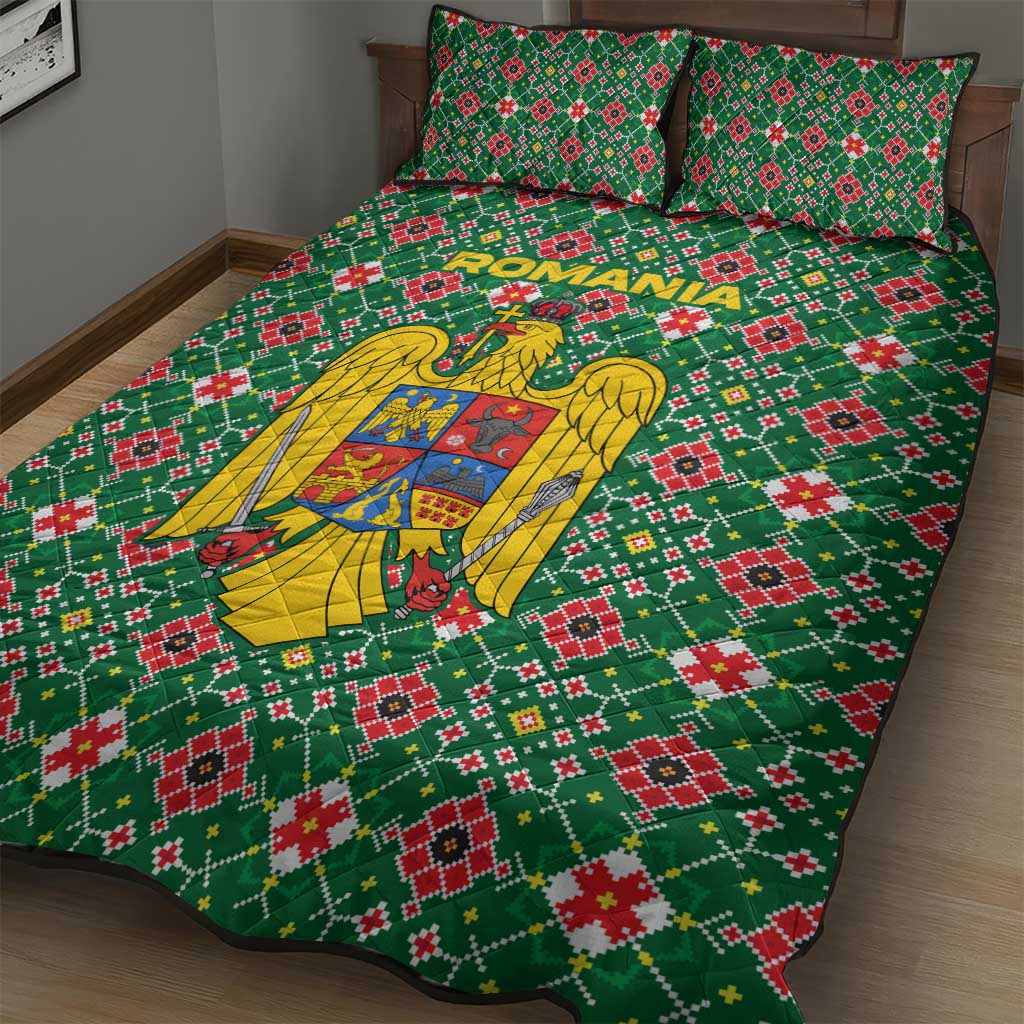 Romania Christmas Quilt Bed Set with Green and Red Pattern Golden Eagle and Santa Motif - Wonder Print Shop