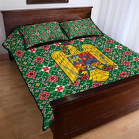 Romania Christmas Quilt Bed Set with Green and Red Pattern Golden Eagle and Santa Motif - Wonder Print Shop