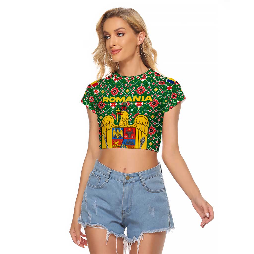 Romania Christmas Raglan Cropped T Shirt with Green and Red Pattern Golden Eagle and Santa Motif - Wonder Print Shop