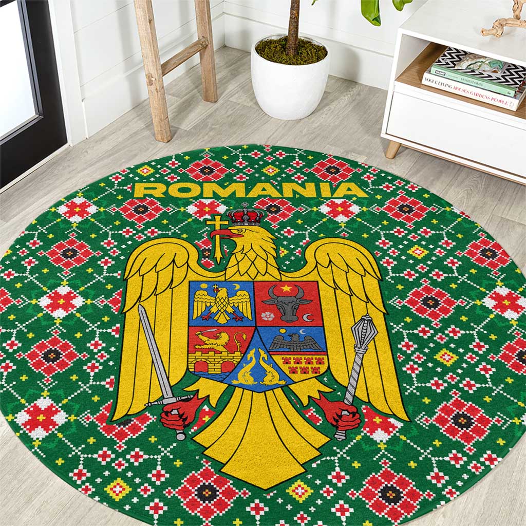 Romania Christmas Round Carpet with Green and Red Pattern Golden Eagle and Santa Motif - Wonder Print Shop