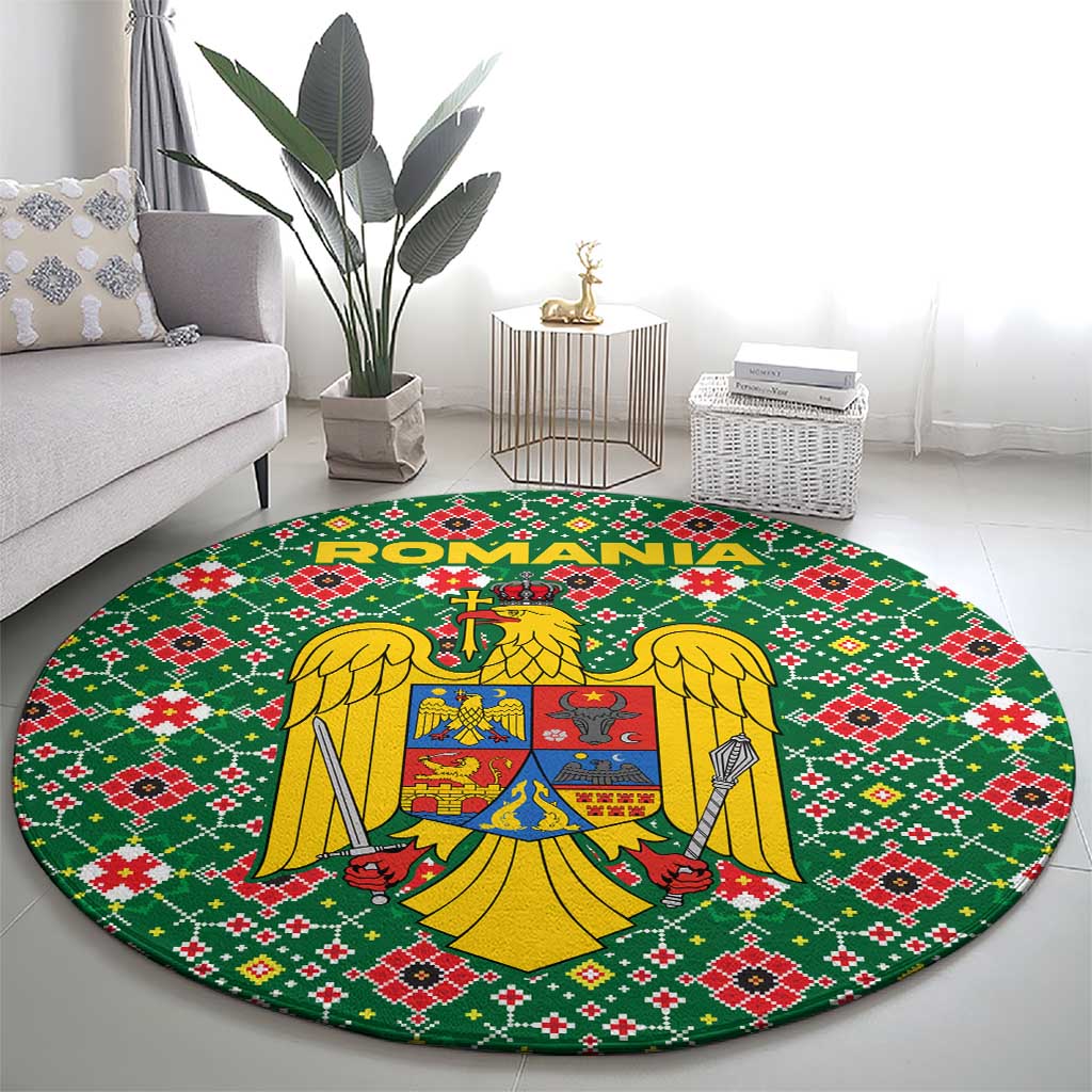 Romania Christmas Round Carpet with Green and Red Pattern Golden Eagle and Santa Motif - Wonder Print Shop