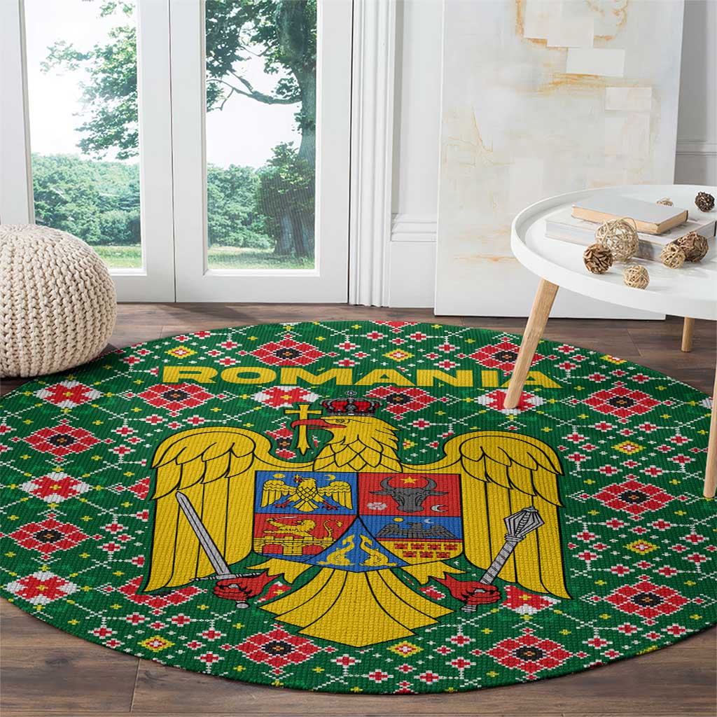 Romania Christmas Round Carpet with Green and Red Pattern Golden Eagle and Santa Motif - Wonder Print Shop