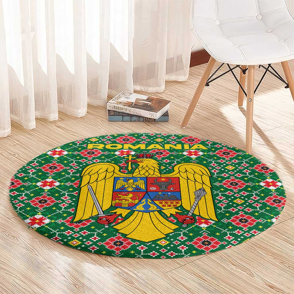 Romania Christmas Round Carpet with Green and Red Pattern Golden Eagle and Santa Motif - Wonder Print Shop