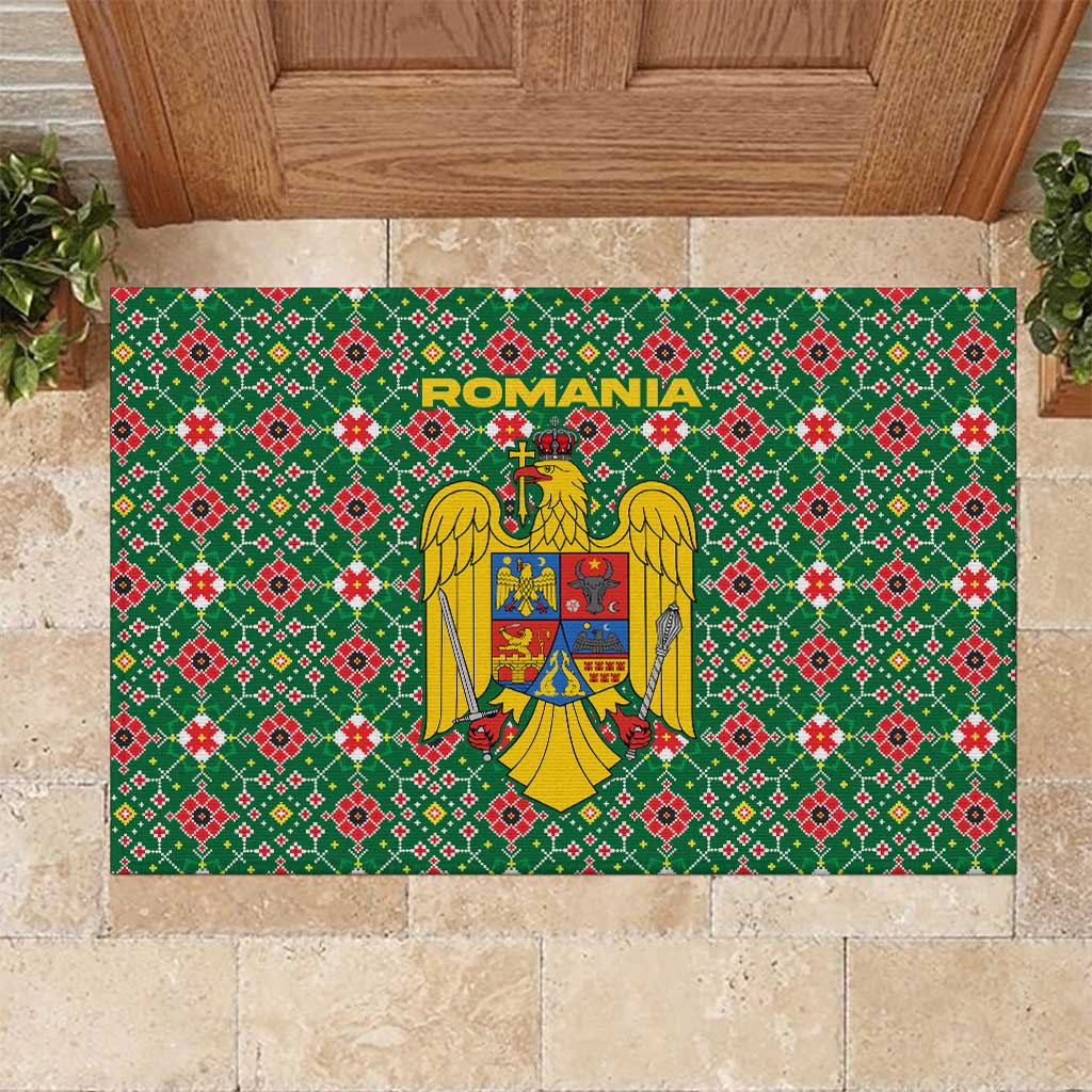 Romania Christmas Rubber Doormat with Green and Red Pattern Golden Eagle and Santa Motif - Wonder Print Shop