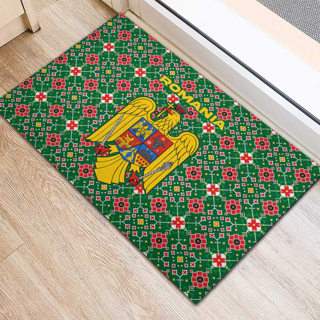 Romania Christmas Rubber Doormat with Green and Red Pattern Golden Eagle and Santa Motif - Wonder Print Shop