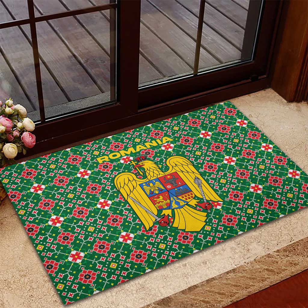 Romania Christmas Rubber Doormat with Green and Red Pattern Golden Eagle and Santa Motif - Wonder Print Shop