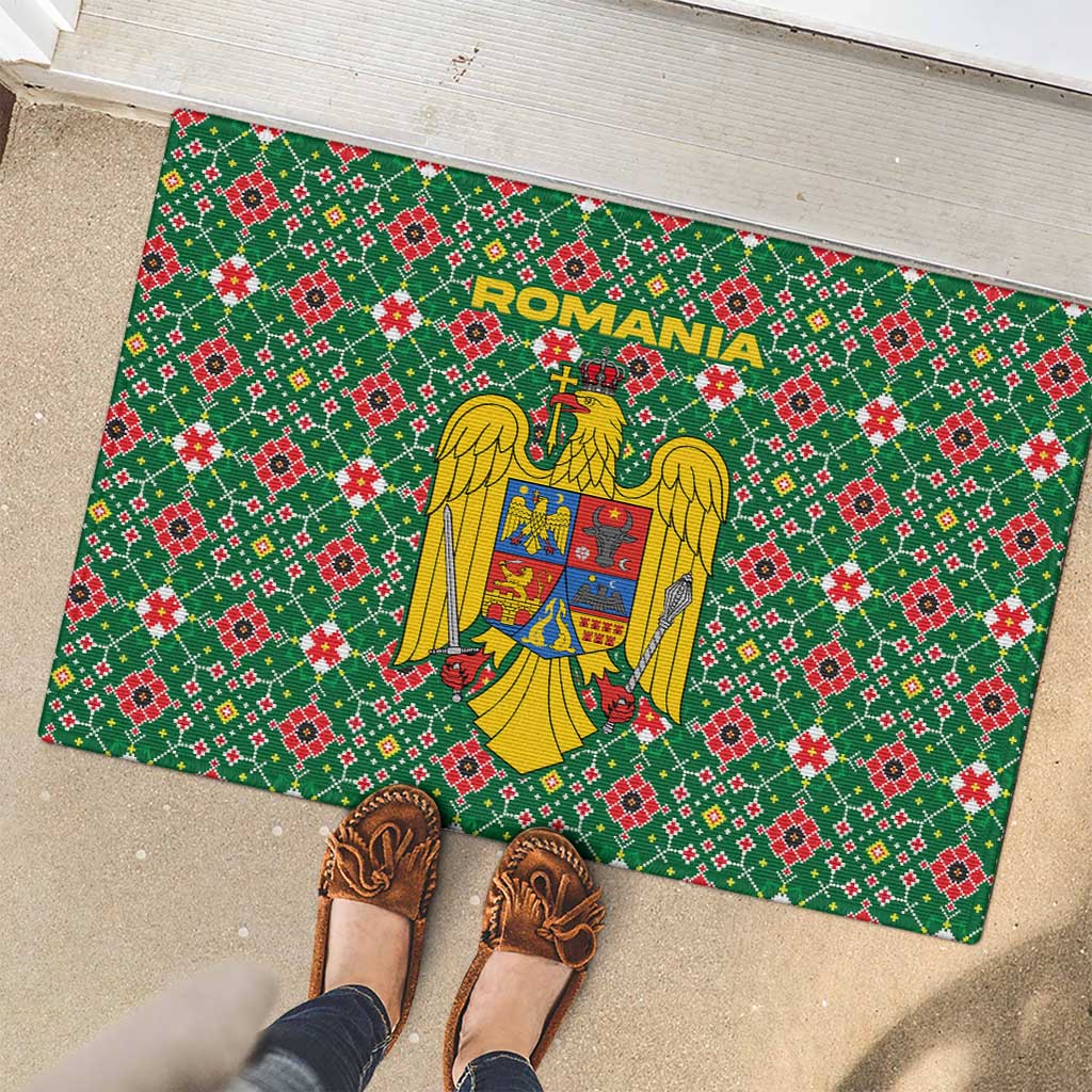 Romania Christmas Rubber Doormat with Green and Red Pattern Golden Eagle and Santa Motif - Wonder Print Shop